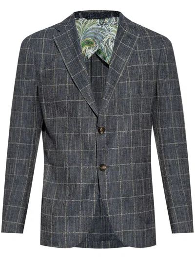 Etro Single Breasted Checked Blazer In Blue