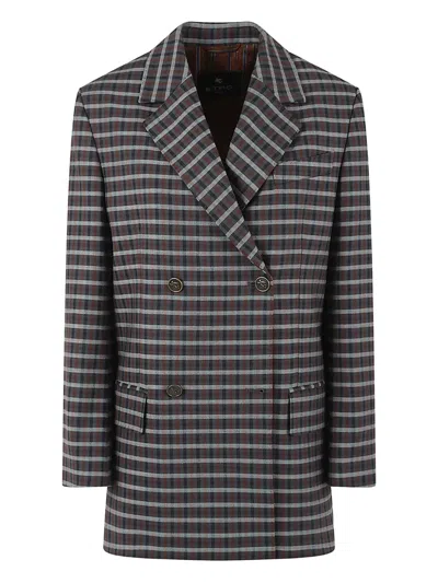 Etro Checkered Jacket With Notched Lapels And Pockets In Blue