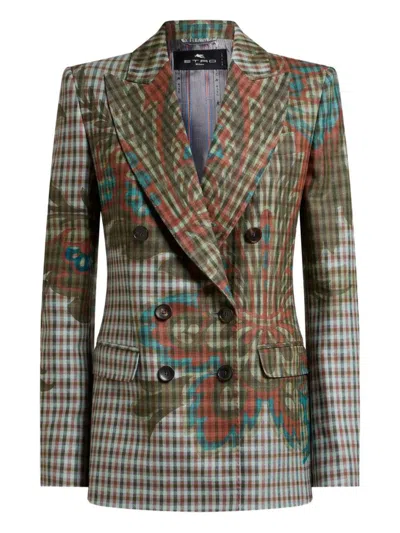 Etro Checkered Blazer With Floral Print In Blue