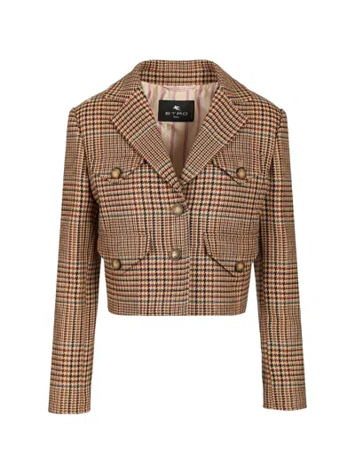 Etro Check-pattern Cropped Jacket In Brown