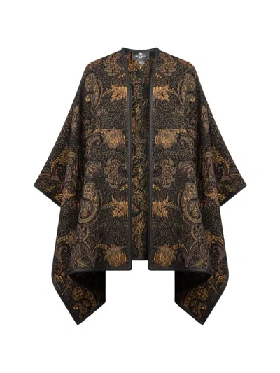 Etro Chenille Jacquard Cape With Floral Paisley Motif In Black