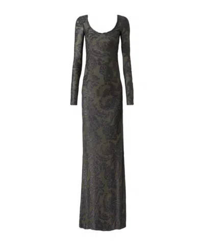 Etro Chenille Jacquard Long Dress With Paisley Foliage Motif In Black