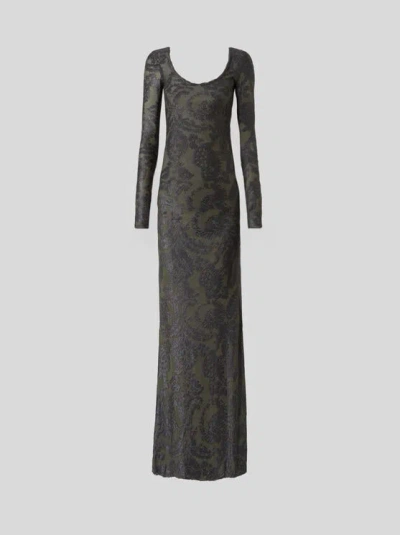 Etro , Chenille Jacquard Long Dress With Paisley Foliage Motif, Woman, Green, Size 44 In Gray