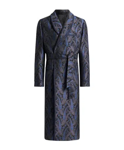 Etro Chenille Jacquard Robe Coat With Metallic Paisley Motif In Black