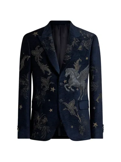 Etro Chenille Jacquard Single-breasted Jacket With Pegaso Motif In Blue