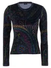 Etro Women Blue Long-sleeve T-shirt With Round Neck And All-over Paisley Print In Velvet Woman In Multi