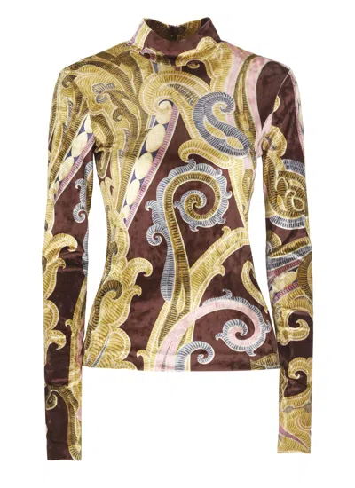 Etro Chenille Sweater With Print In Brown