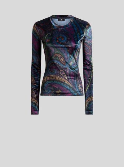 Etro , Chenille Top With Paisley Print, Woman, Size Xl In Blue
