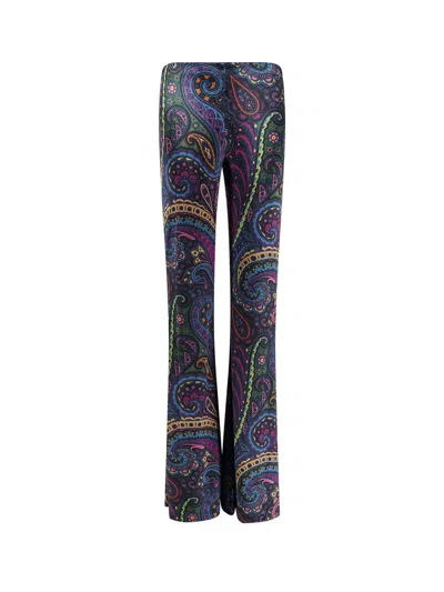 Etro Chenille Trousers With Multicolor Print In Blue