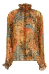 Etro Sheer Chiffon Shirt Paisley Ruffle Neckline In Multi