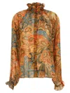 Etro Sheer Chiffon Shirt Paisley Ruffle Neckline In Orange