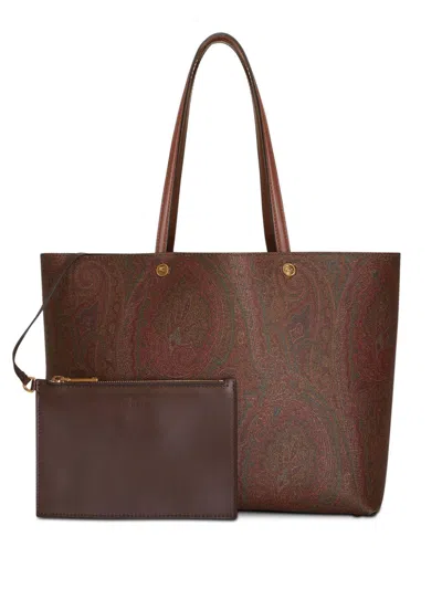 Etro Chocolate Brown Paisley Print Tote Handbag With Gold-tone Hardware In Marrone Scuro