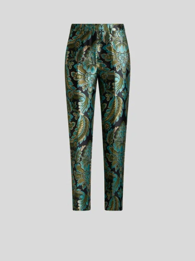 ETRO , CIGARETTE TROUSERS WITH FLOWER AND BEE JACQUARD MOTIF, WOMAN, GREEN, SIZE 48