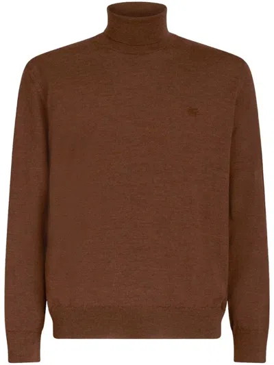 Etro Classic T-neck Sweater In Brown Wool In Red