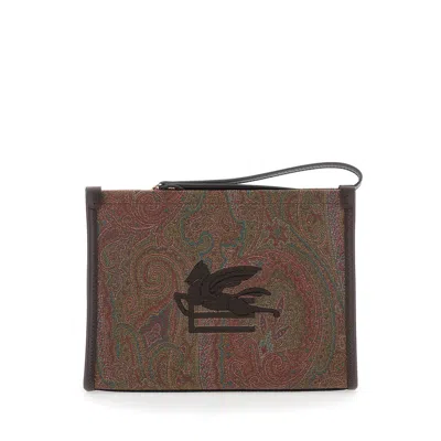 Etro Clutch Arnica With Embroidered Logo On The Front And All-over Pattern Cotton Blend Brown Woman Polye