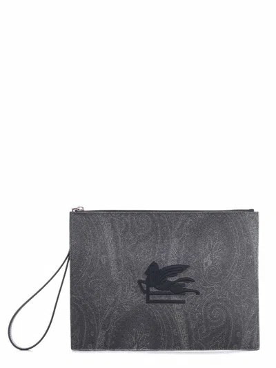 Etro Clutch Bag In Coated Cotton Canvas In Gray