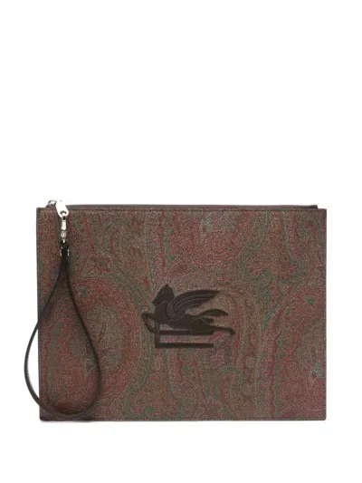 Etro Clutch Bag With Embroidered Logo And Paisley Print In Brown