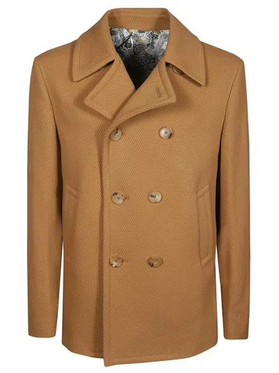 Etro Twill Pea Coat In Brown