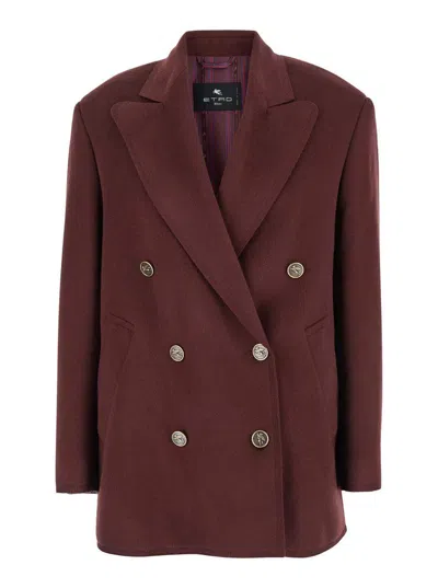 Etro Bordeaux Double-breasted Jacket With Logo Detail On Buttons In Wool Blend Woman In Rot