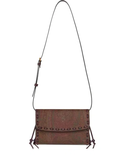 ETRO ETRO COGNAC BROWN FOLDOVER TOP BAG WITH PAISLEY PRINT