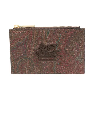 Etro Coin Purse In Iconic Paisley Jacquard In Brown