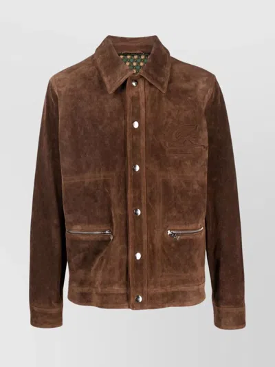 Etro Collared Suede Texture Zipper Pockets Jackets In Brown