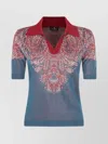 Etro Collared V-neck Polo With Patterned Ribbed Cuffs In Blue