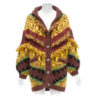 Pre-owned Etro Colourful Wool Blend Fringe Trimmed Jacquard Buttoned Cardigan It38 Xs In Brown