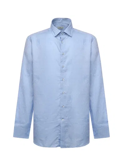 Etro Cotton And Jacquard Shirt With Gecko Print In Blue