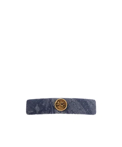 Etro Cotton And Linen Jacquard Denim Hair Clip With Leafy Motif In Navy Blue