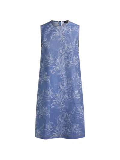 Etro Cotton And Linen Jacquard Denim Mini Dress With Leafy Paisley Motif In Blue
