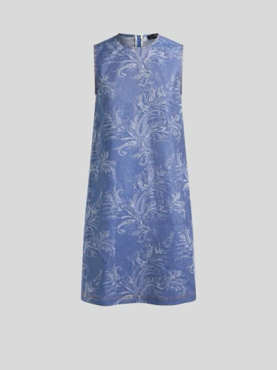 Etro Cotton And Linen Jacquard Denim Mini Dress With Leafy Paisley Motif In Blue