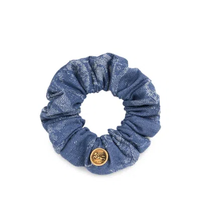 Etro Cotton And Linen Jacquard Denim Scrunchie With Leafy Motif In Blue