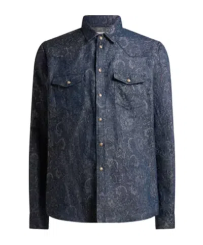Etro Cotton And Linen Jacquard Denim Shirt With Leafy Paisley Motif In Blue