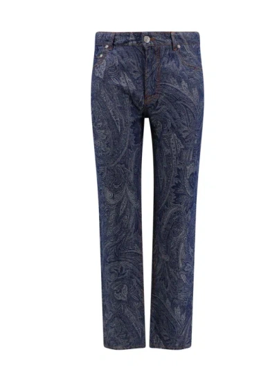 Etro Cotton And Linen Trouser With Paisley Print In Blue
