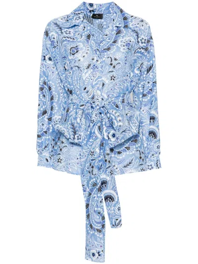 Etro Belted Paisley-print Cotton And Silk-blend Shirt In Blue