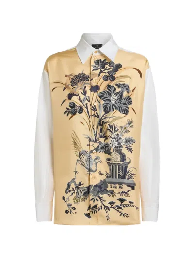 Etro Cotton And Silk Shirt With Placed Floral Print On The Front In White
