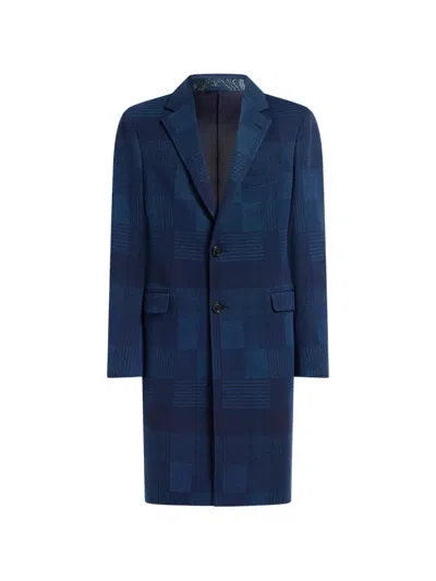 Etro Cotton And Wool Jacquard Coat With Check Motif In Blue