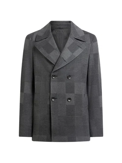 Etro Cotton And Wool Jacquard Pea Coat With Check Motif In Gray