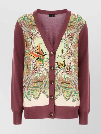 Etro Cotton Blend V-neck Cardigan With Printed Front Panel In ピンク