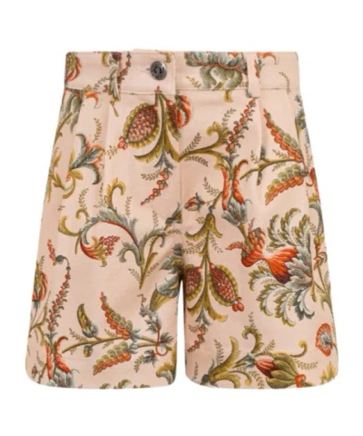 Etro Kids' Cotton Bull Shorts With Leafy Floral Print In Neutral