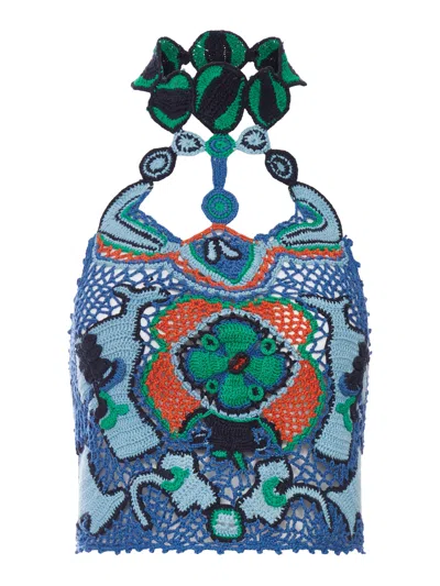 Etro Cotton Crop Top With Crochet-effect Floral Pattern In Blue