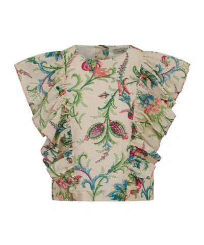 Etro Kids' Cotton Dotted Swiss Top With Leafy Floral Print In Neutral
