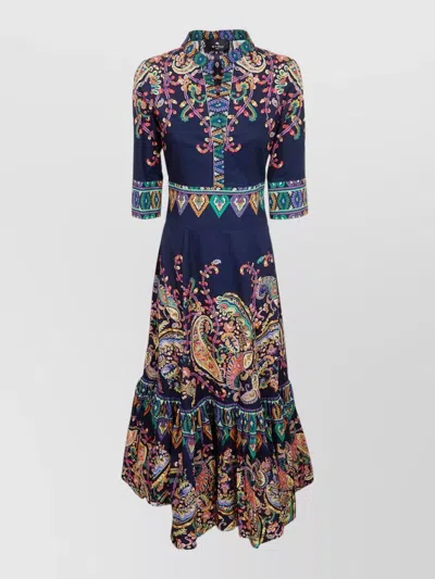 Etro Cotton Floral Paisley Print Midi Shirt Dress In Blue