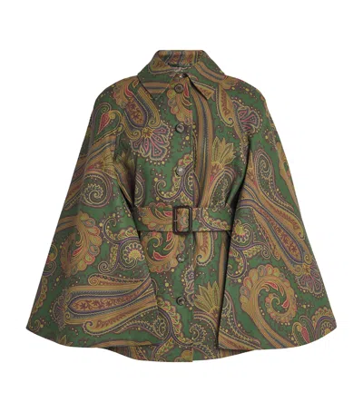 Etro Cotton Gabardine Paisley Cape Jacket In Green