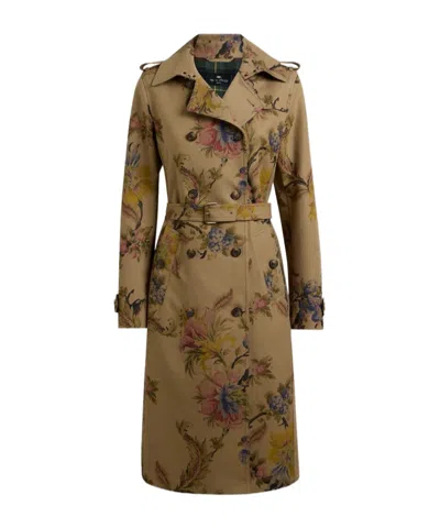 Etro Cotton Gabardine Trench Coat With Floral Motif In Yellow