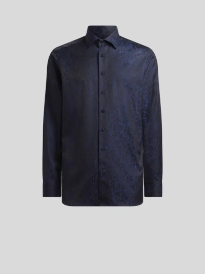 Etro Jacquard Animal Motif Cotton Shirt In Blue