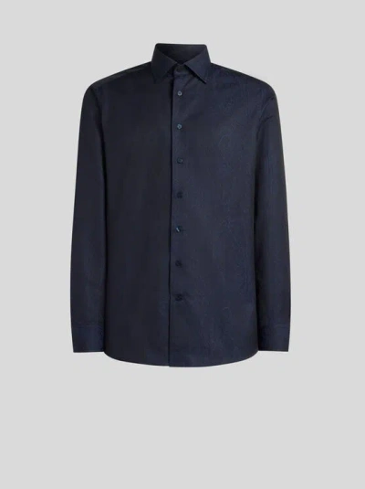 Etro Cotton Jacquard Shirt With Arnica Motif In Blue