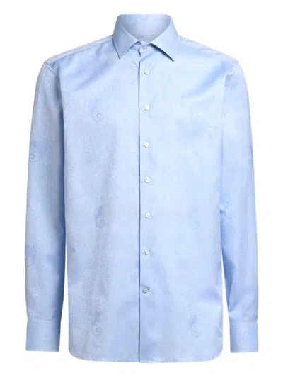 Etro Cotton Jacquard Shirt With Gecko Motif In Blue