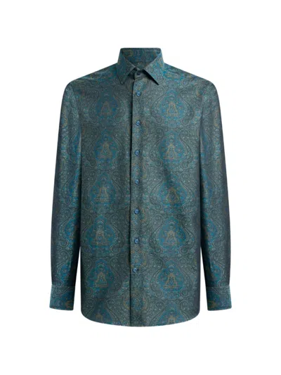 Etro Cotton Jacquard Shirt With Ornamental Motif In Green
